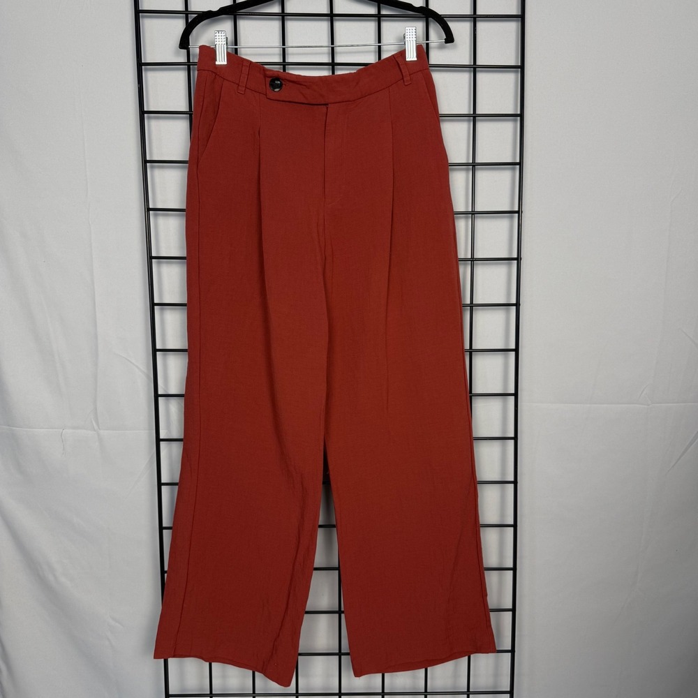 Zara Trousers Womens Medium Red Wide Leg Pleated High Rise Linen Blend Pants